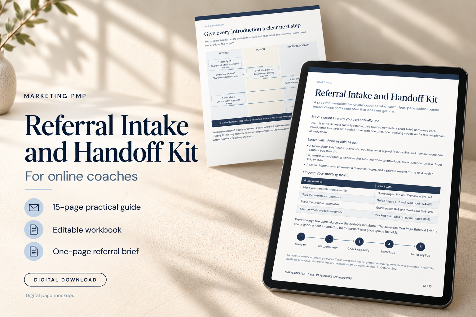 Digital mockup of the Referral Intake and Handoff Kit showing its guide on a tablet and a referral workflow page.