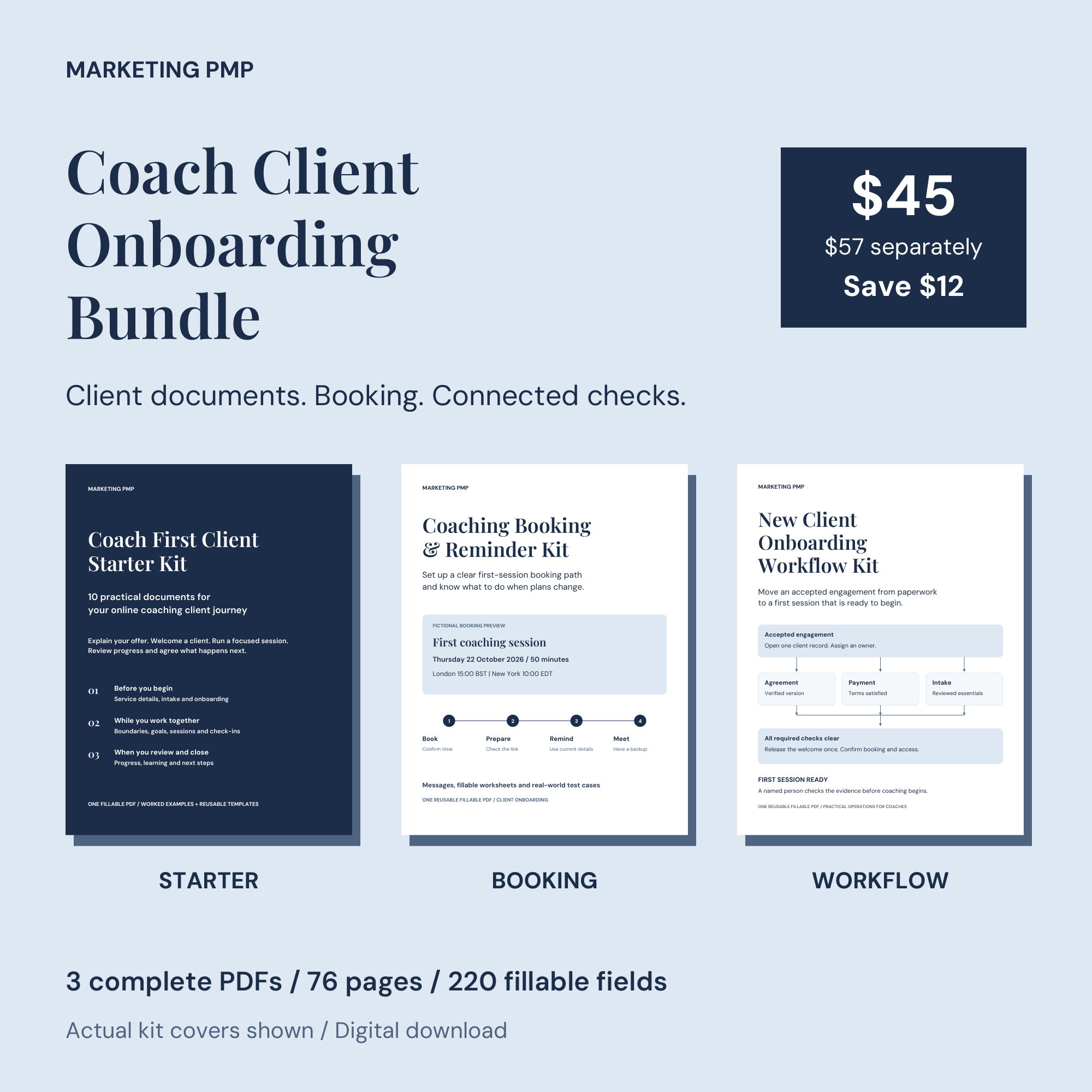 Coach Client Onboarding Bundle with actual covers of the Starter, Booking and Workflow kits, $45 versus $57 separately, saving $12.