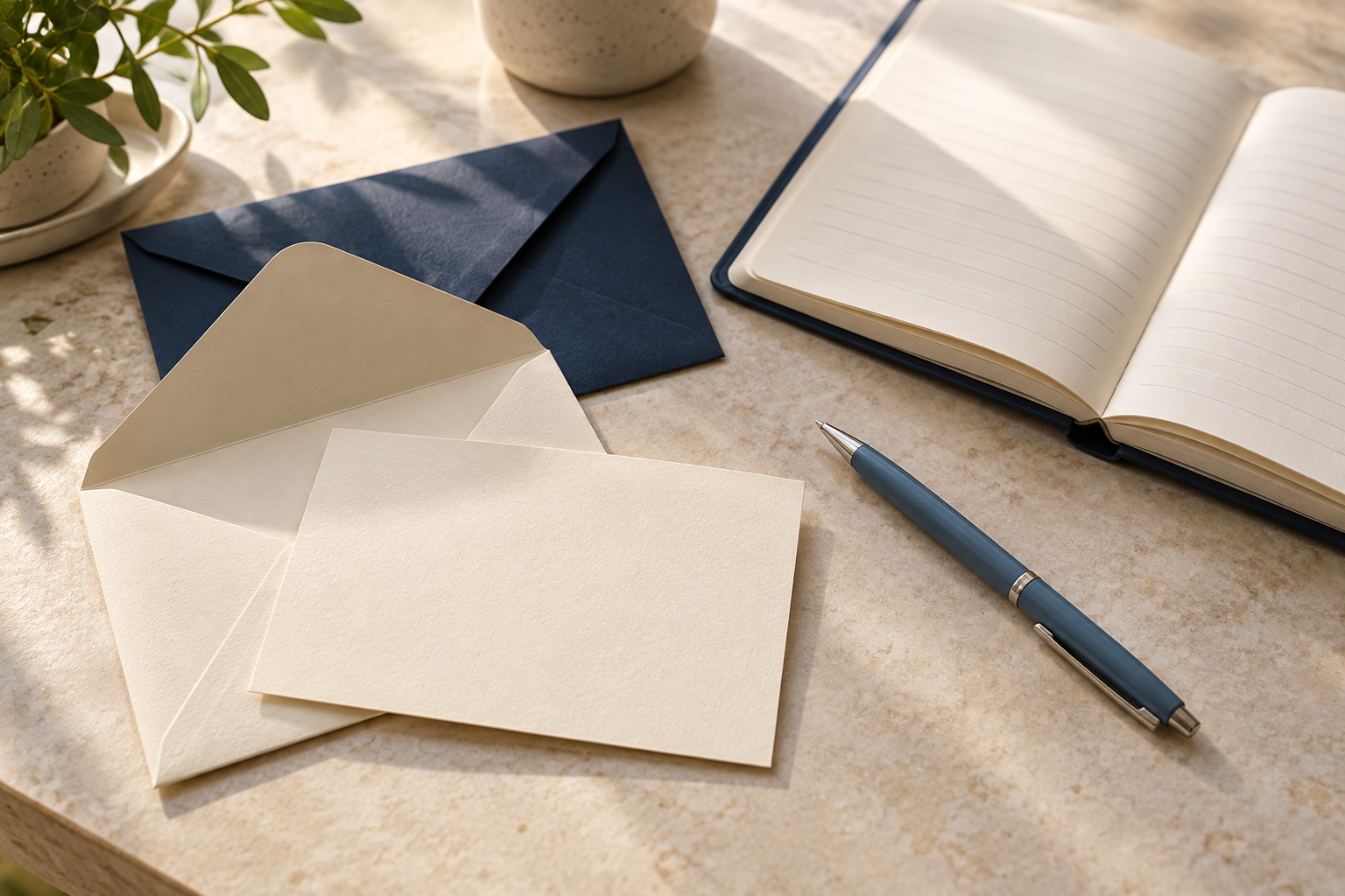 Cream invitation card and envelopes beside an open notebook and blue pen on a softly lit desk.
