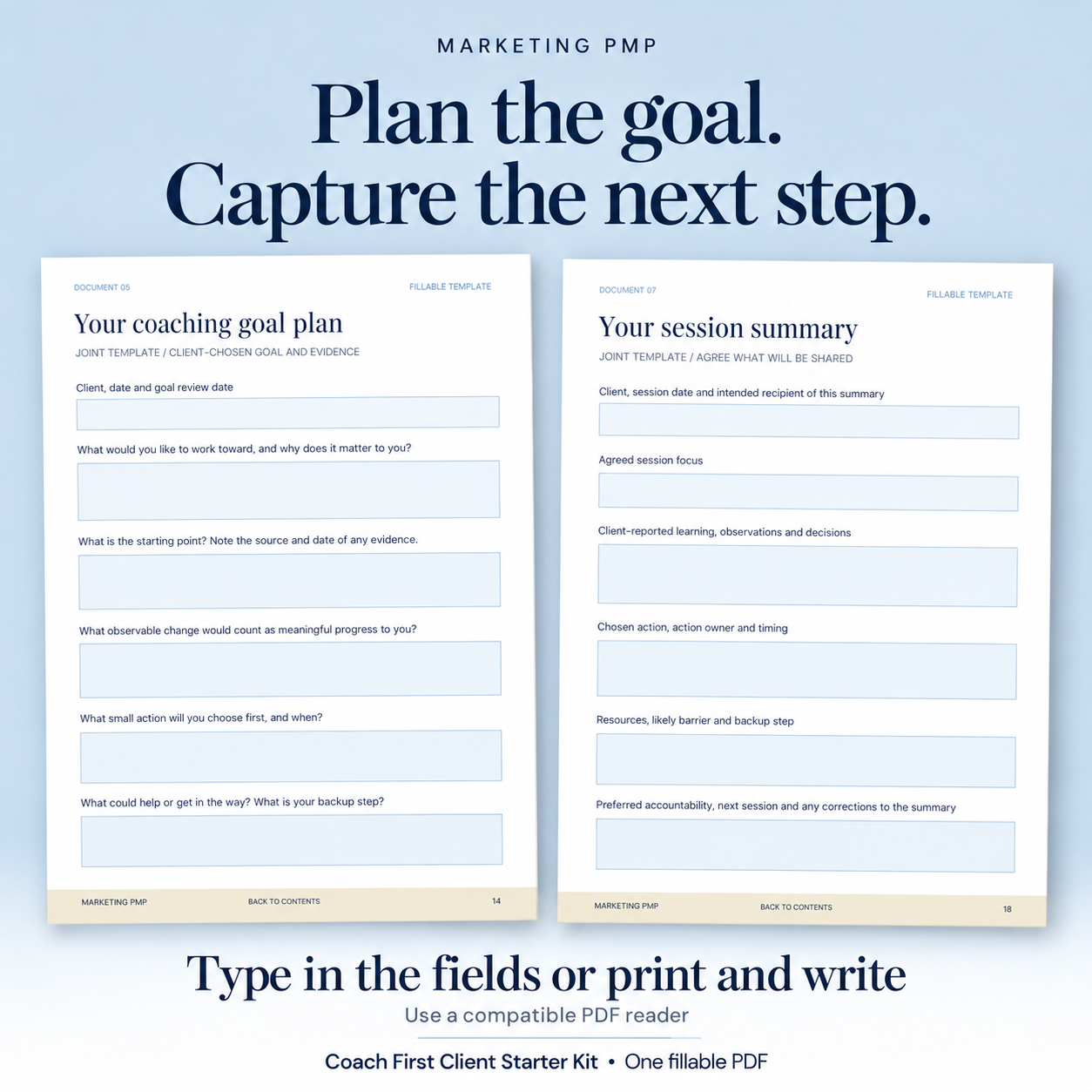 Preview of blank coaching goal-plan and session-summary pages with fields for priorities, evidence, actions and next steps
