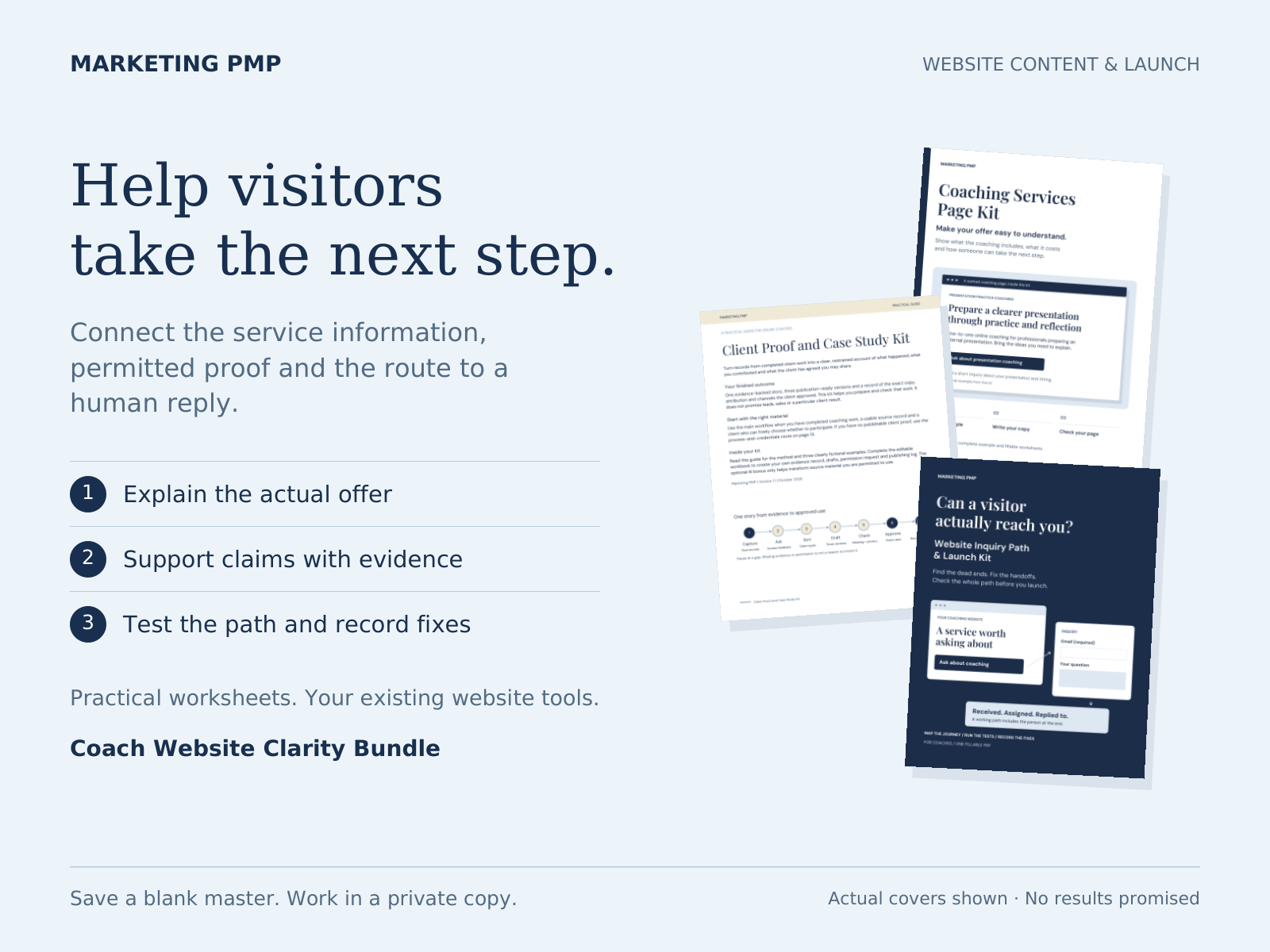 Actual kit covers beside the three website tasks: explain the offer, support it with evidence and test the path to a reply.