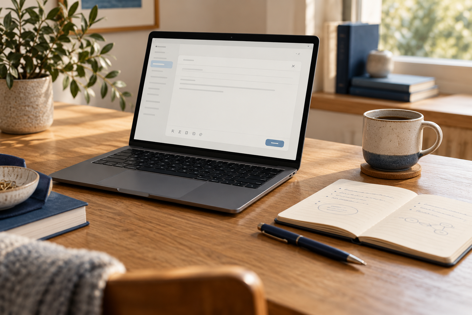 Laptop showing an email draft beside an open cream notebook, navy pen and ceramic mug on a sunlit oak desk.