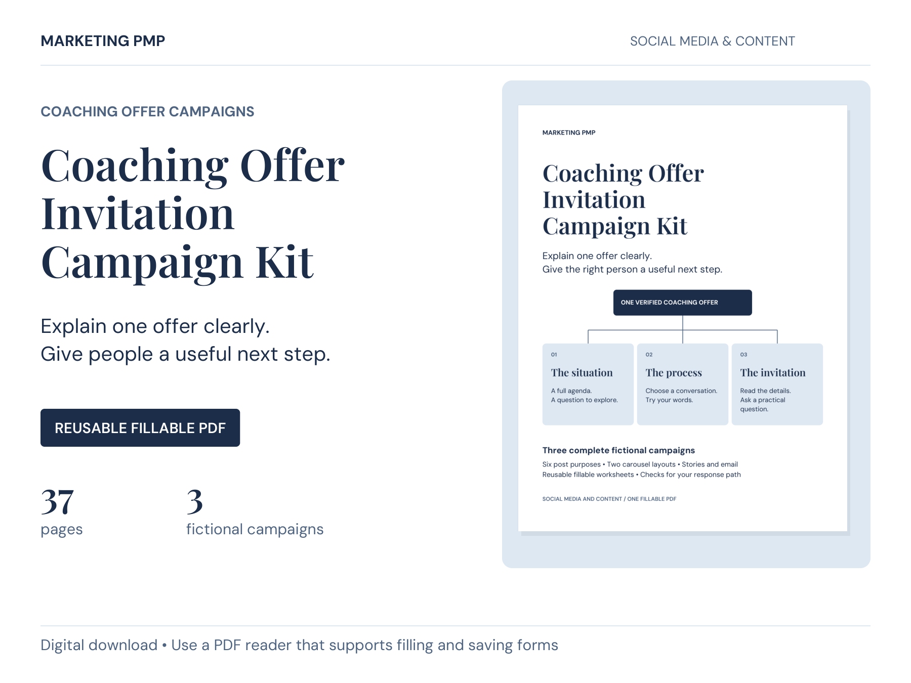 Coaching Offer Invitation Campaign Kit with its actual PDF cover. Includes 37 pages and three fictional coaching-offer campaigns in one reusable fillable PDF.