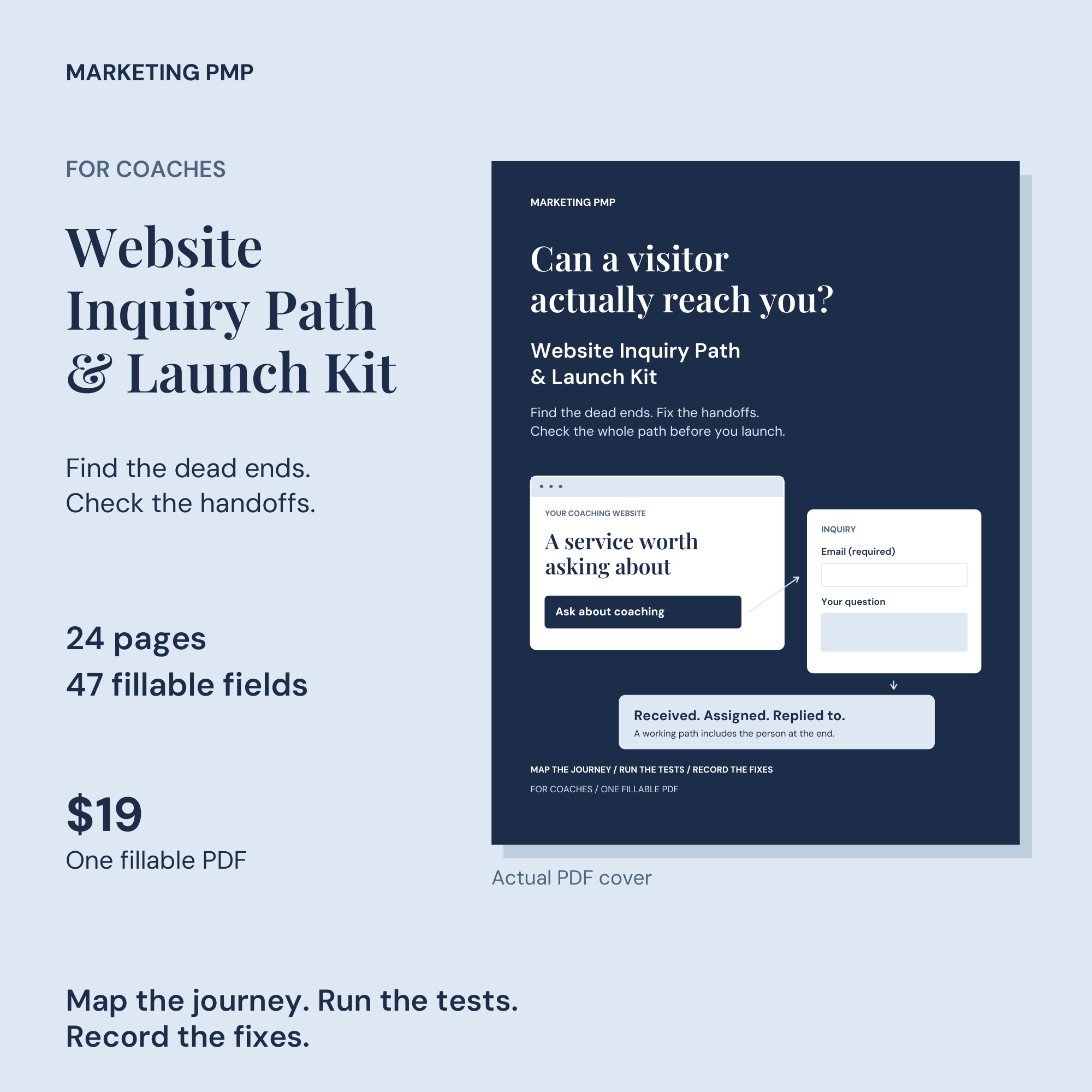 Website Inquiry Path & Launch Kit cover for coaches, with 24 pages and 47 fillable fields. Priced at $19.
