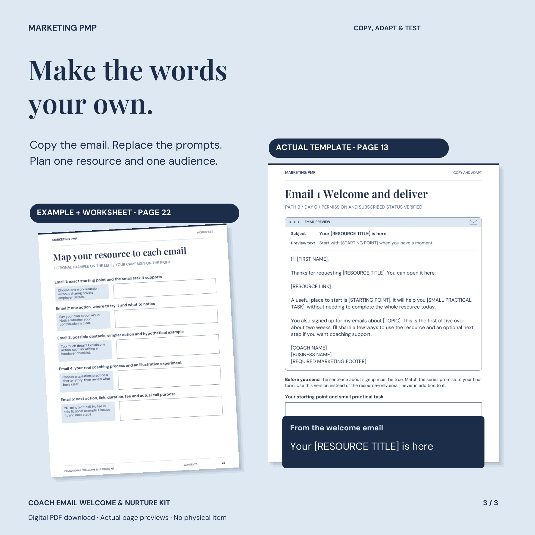 Actual PDF pages 13 and 22: an adaptable welcome email and a worksheet with fictional examples and blank fields for mapping your own coaching resource.