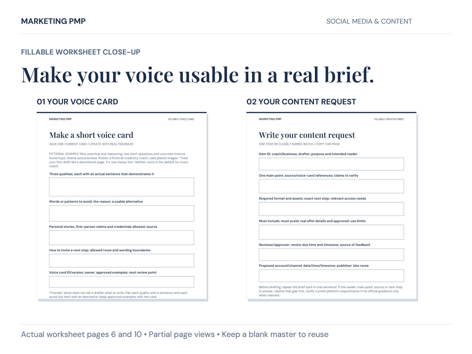 Actual PDF pages 6 and 10 show the fillable voice card and creative brief. Record voice examples, language boundaries and a clear content request. Partial page views.