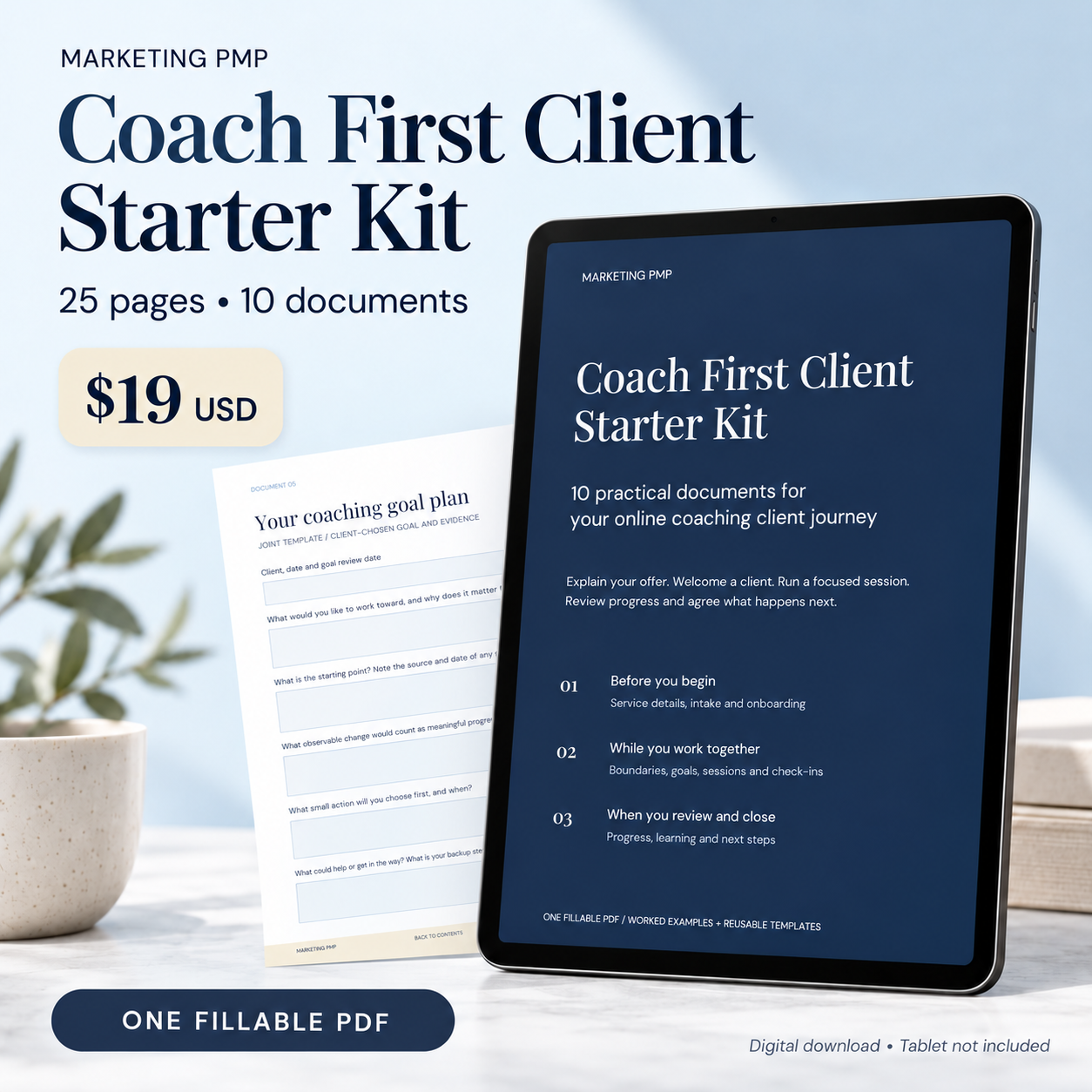 Digital mockup of the Coach First Client Starter Kit cover on a tablet beside a blank coaching goal-plan page