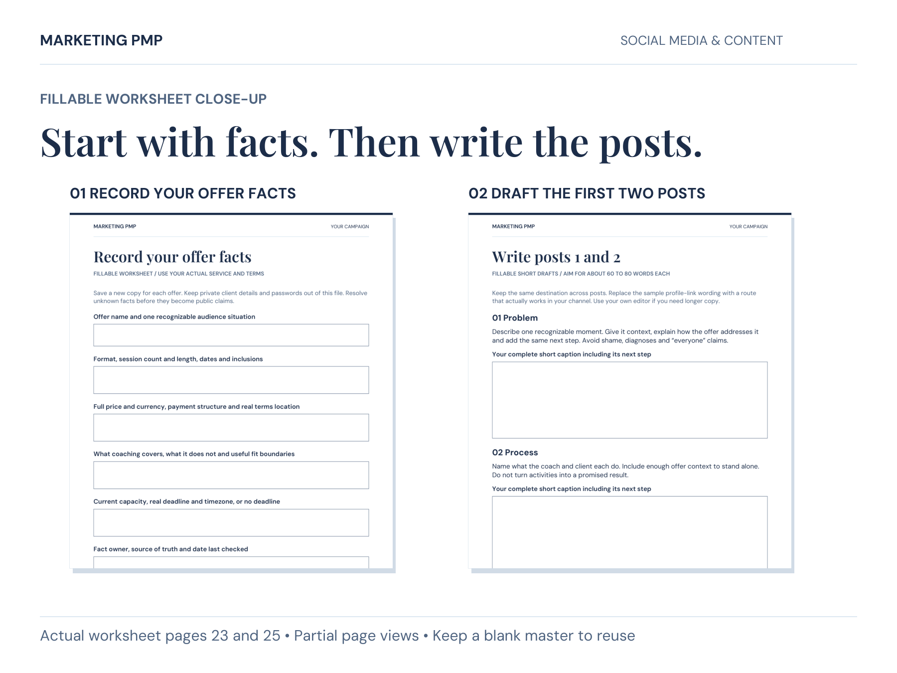 Actual fillable PDF pages 23 and 25 show the offer-facts worksheet and short draft areas for posts one and two. Partial page views.