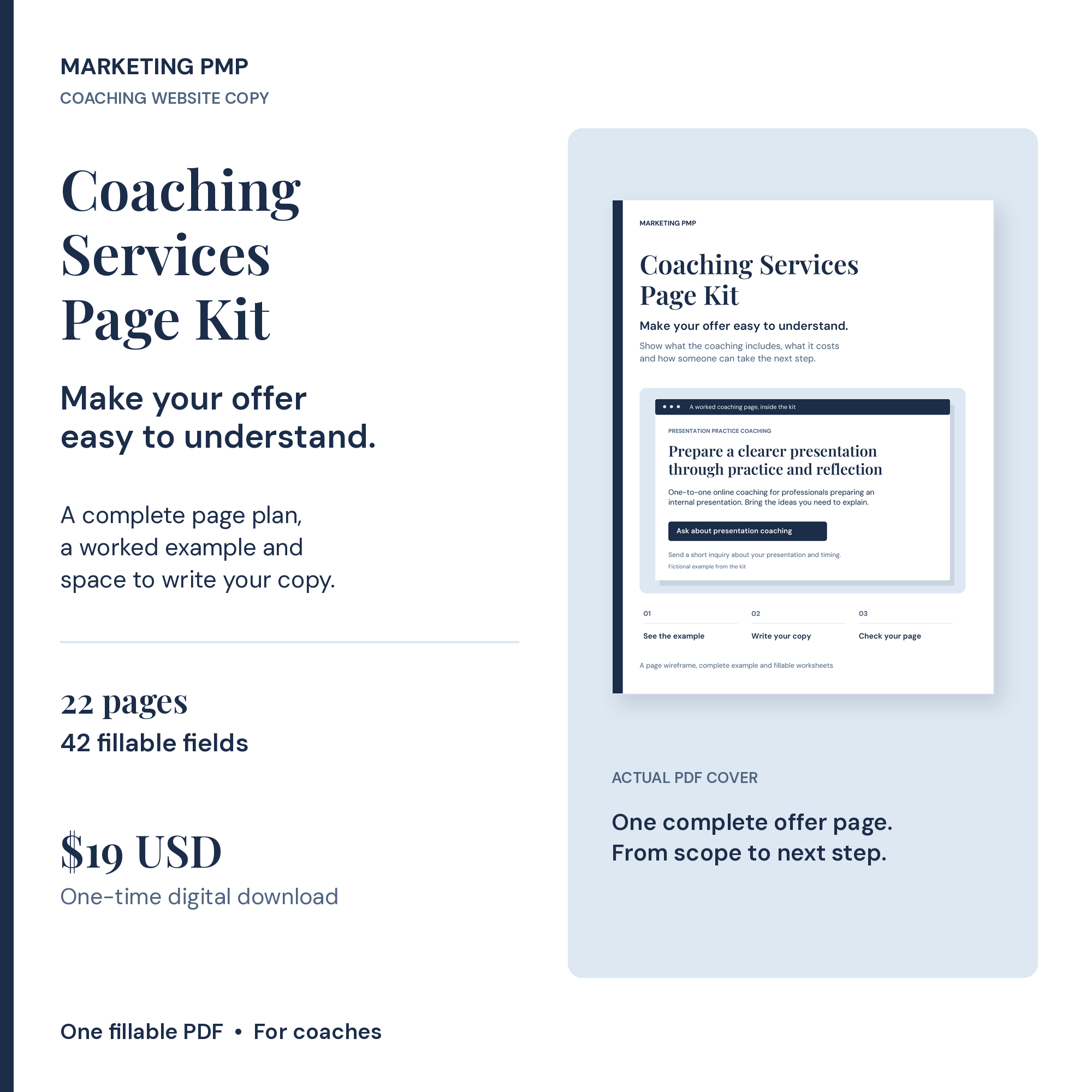 Marketing PMP Coaching Services Page Kit with its actual approved cover: one 22-page fillable PDF, 42 fillable fields, $19 USD.