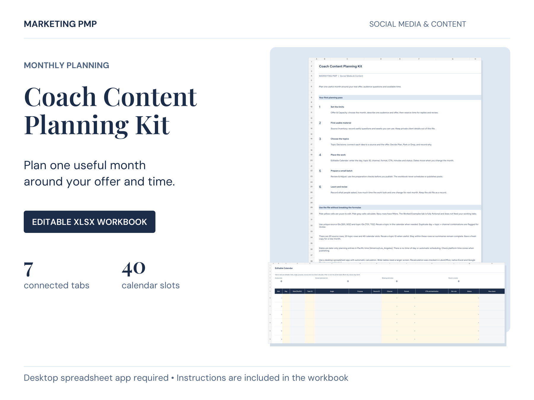 Coach Content Planning Kit, an editable XLSX workbook with seven tabs and 40 calendar slots. Actual Start Here and Editable Calendar sheets are shown. Requires a desktop spreadsheet app.