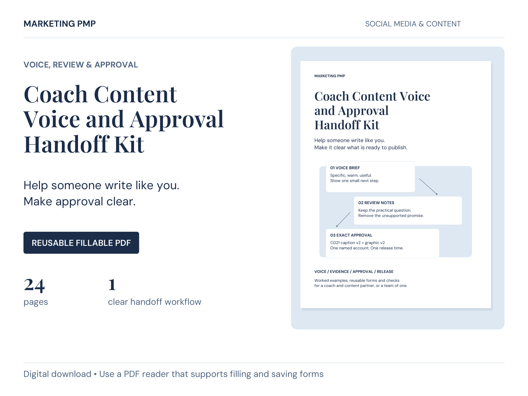 Coach Content Voice and Approval Handoff Kit with its actual cover. One 24-page reusable fillable PDF for recording voice, briefing a drafter, reviewing work and documenting approval.