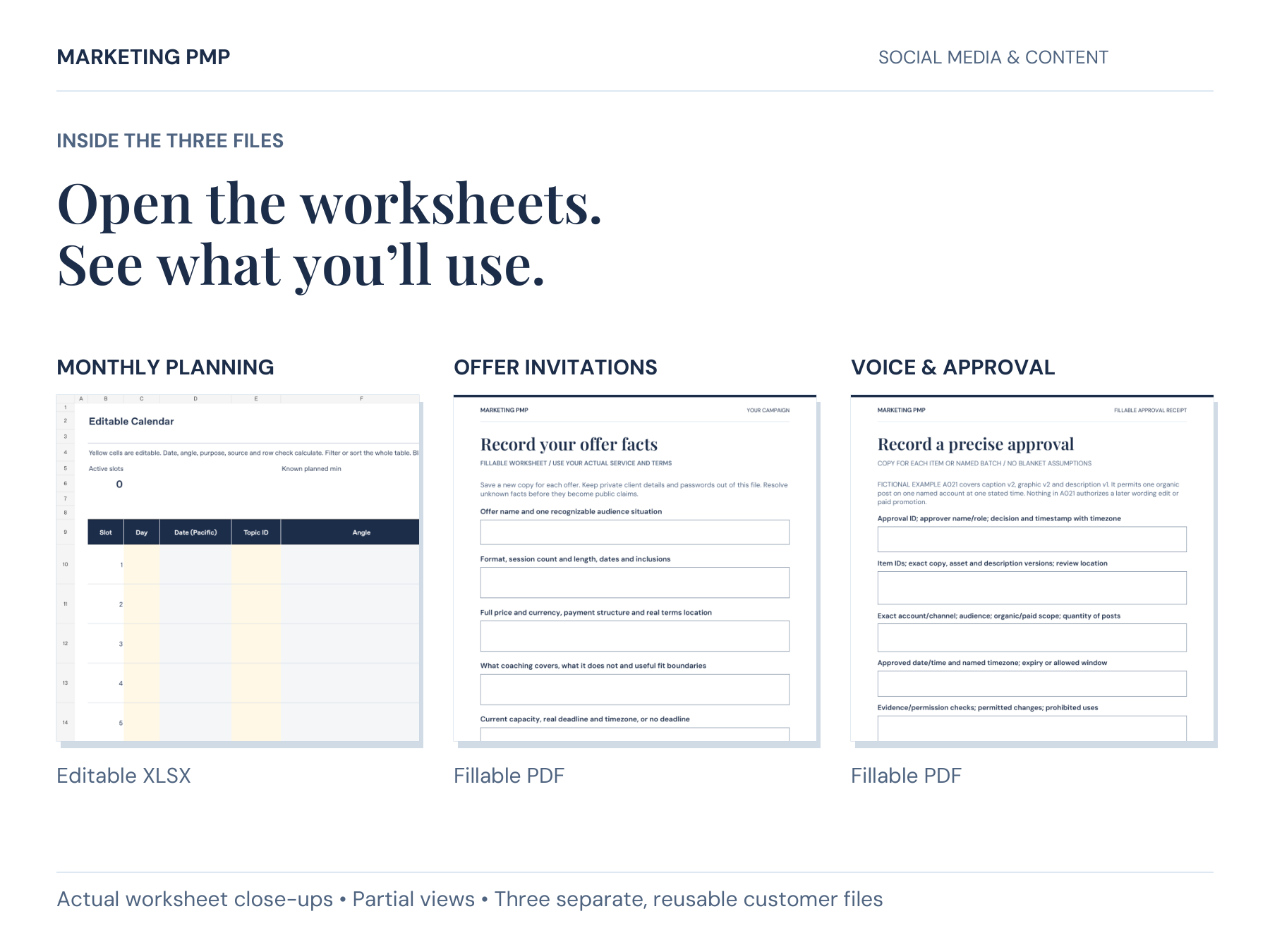 Actual worksheet close-ups from the bundle: Editable Calendar in the XLSX workbook, Record Your Offer Facts in the campaign PDF, and Record a Precise Approval in the handoff PDF. Partial views.