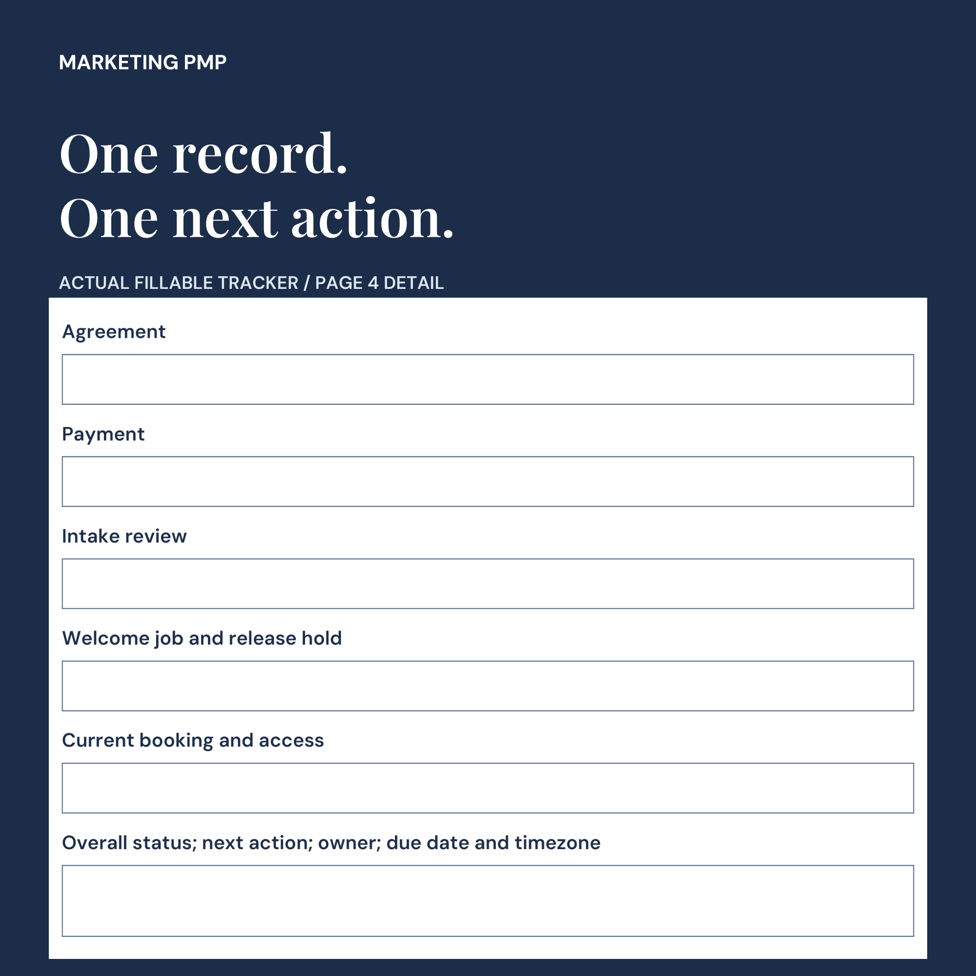 Actual client tracker with fields for agreement, payment, intake review, welcome release, booking and the next action.