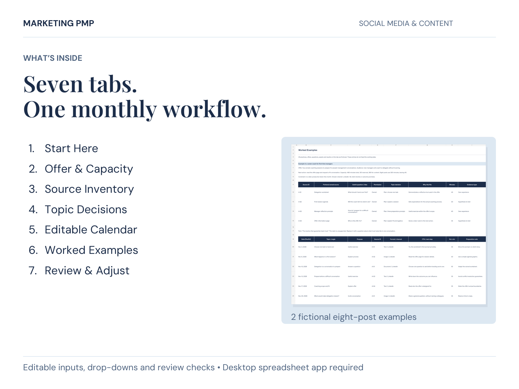 Seven workbook tabs: Start Here, Offer & Capacity, Source Inventory, Topic Decisions, Editable Calendar, Worked Examples, and Review & Adjust. Actual fictional career-coaching example shown.