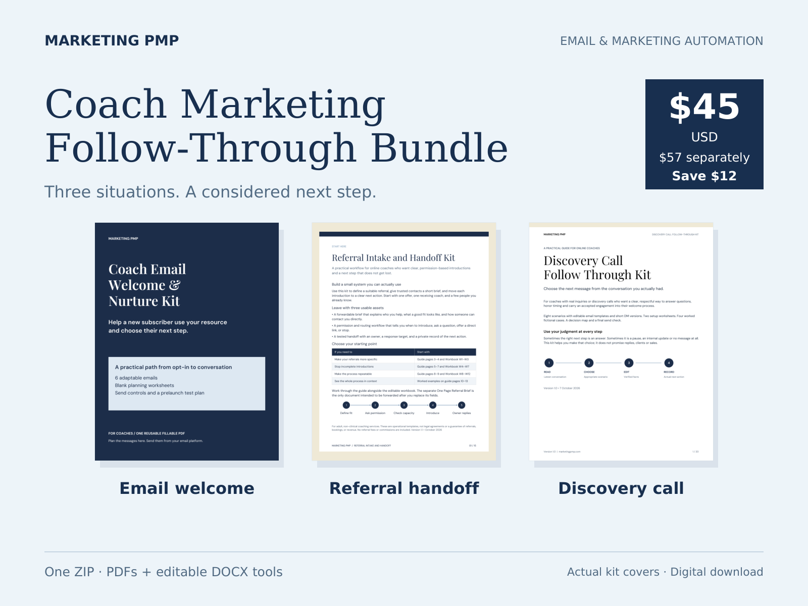 Coach Marketing Follow-Through Bundle with the actual covers of all three included kits; $45 USD, $57 separately.