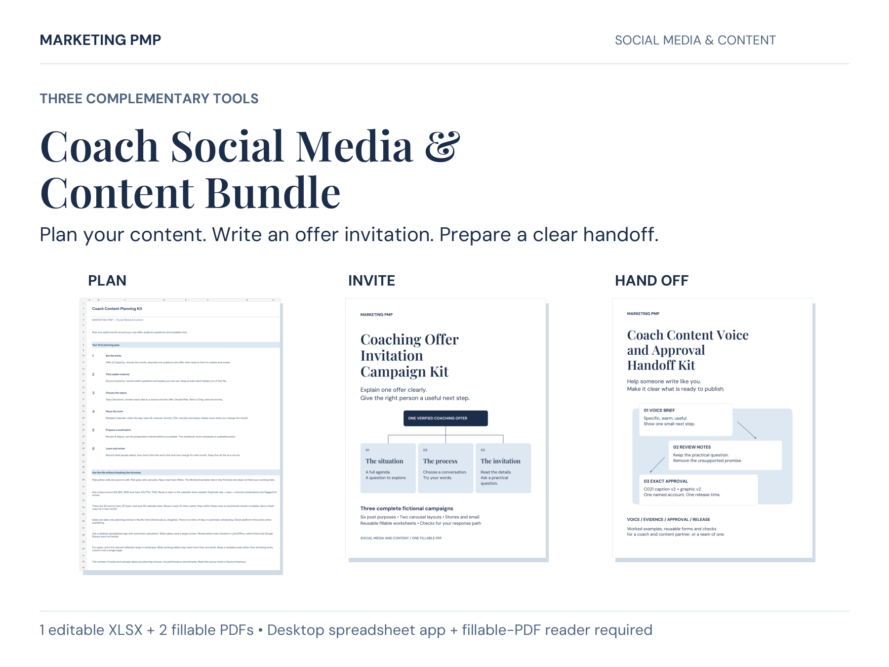 Coach Social Media & Content Bundle includes the Coach Content Planning Kit XLSX workbook, Coaching Offer Invitation Campaign Kit fillable PDF, and Coach Content Voice and Approval Handoff Kit fillable PDF. Actual sheets and covers shown.