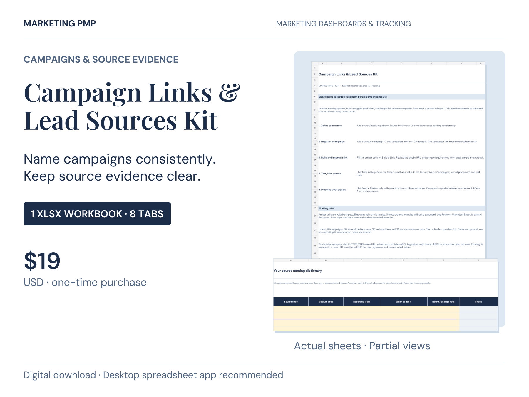 Campaign Links & Lead Sources Kit. One editable eight-tab XLSX workbook, $19 USD. Actual partial views of the Start Here and Source Dictionary sheets illustrate instructions and blank inputs.