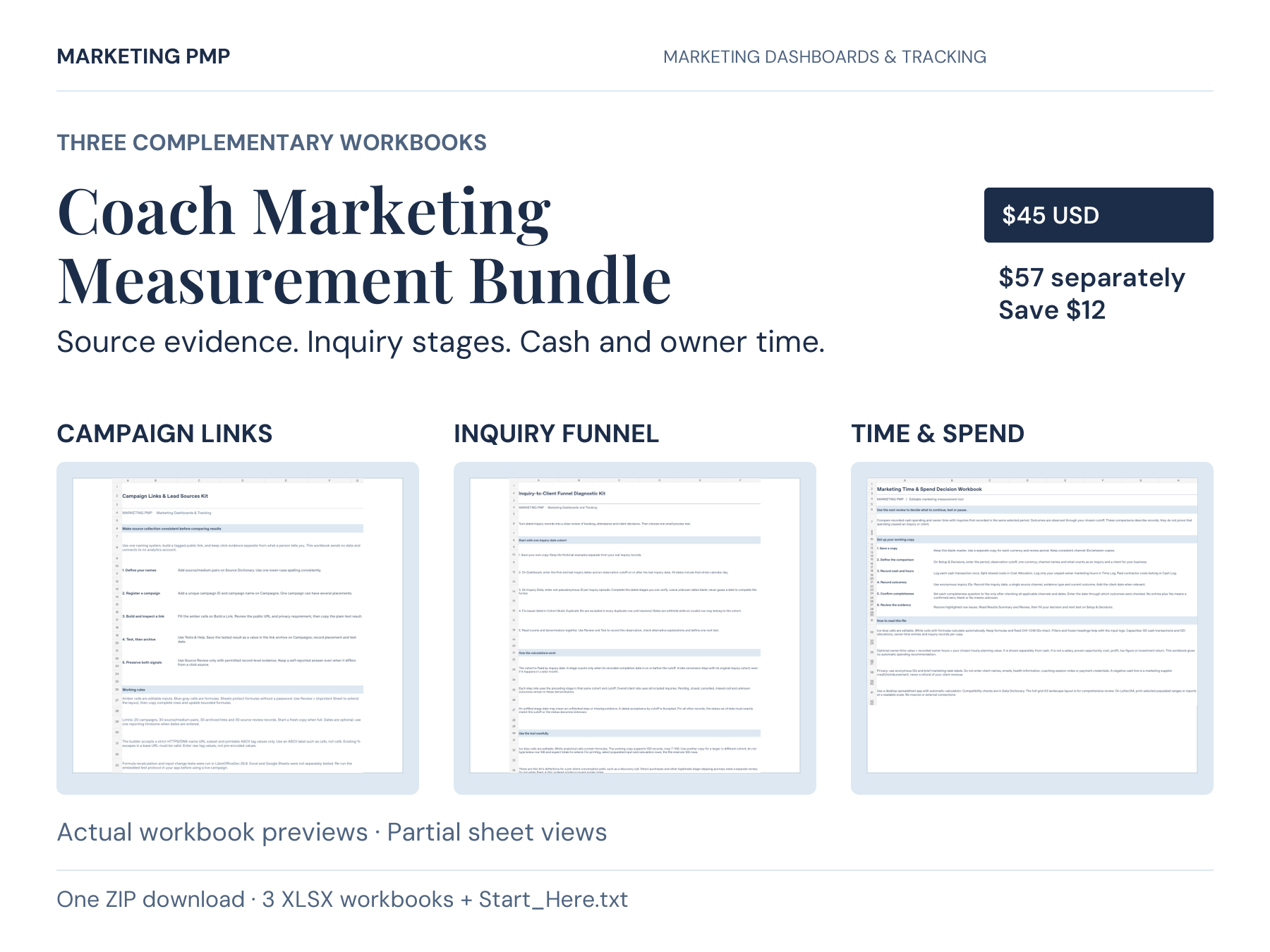 Coach Marketing Measurement Bundle, $45 USD. Includes three unchanged XLSX workbooks and Start_Here.txt in one ZIP: Campaign Links & Lead Sources, Inquiry-to-Client Funnel Diagnostic, and Marketing Time & Spend Decision Workbook. Actual partial worksheet views shown. $57 separately, saving $12.