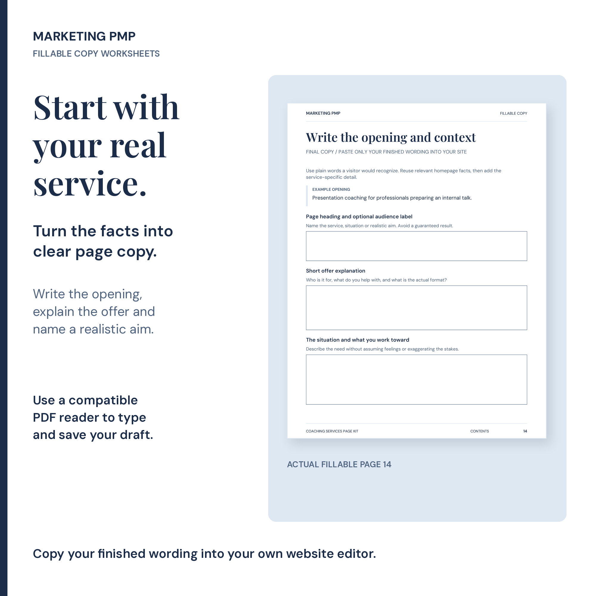 Actual fillable page 14 of the Coaching Services Page Kit, with blank fields for a page heading, offer explanation and the situation and aim of the coaching.