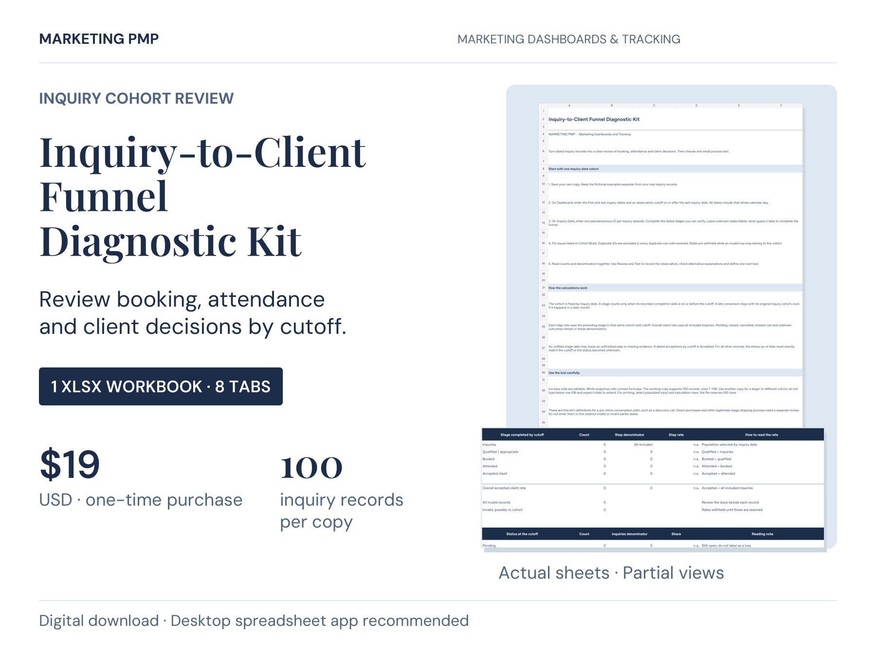 Inquiry-to-Client Funnel Diagnostic Kit. One editable eight-tab XLSX workbook, $19 USD, with capacity for 100 inquiry records. Actual partial views of Start Here and the blank Dashboard are shown.