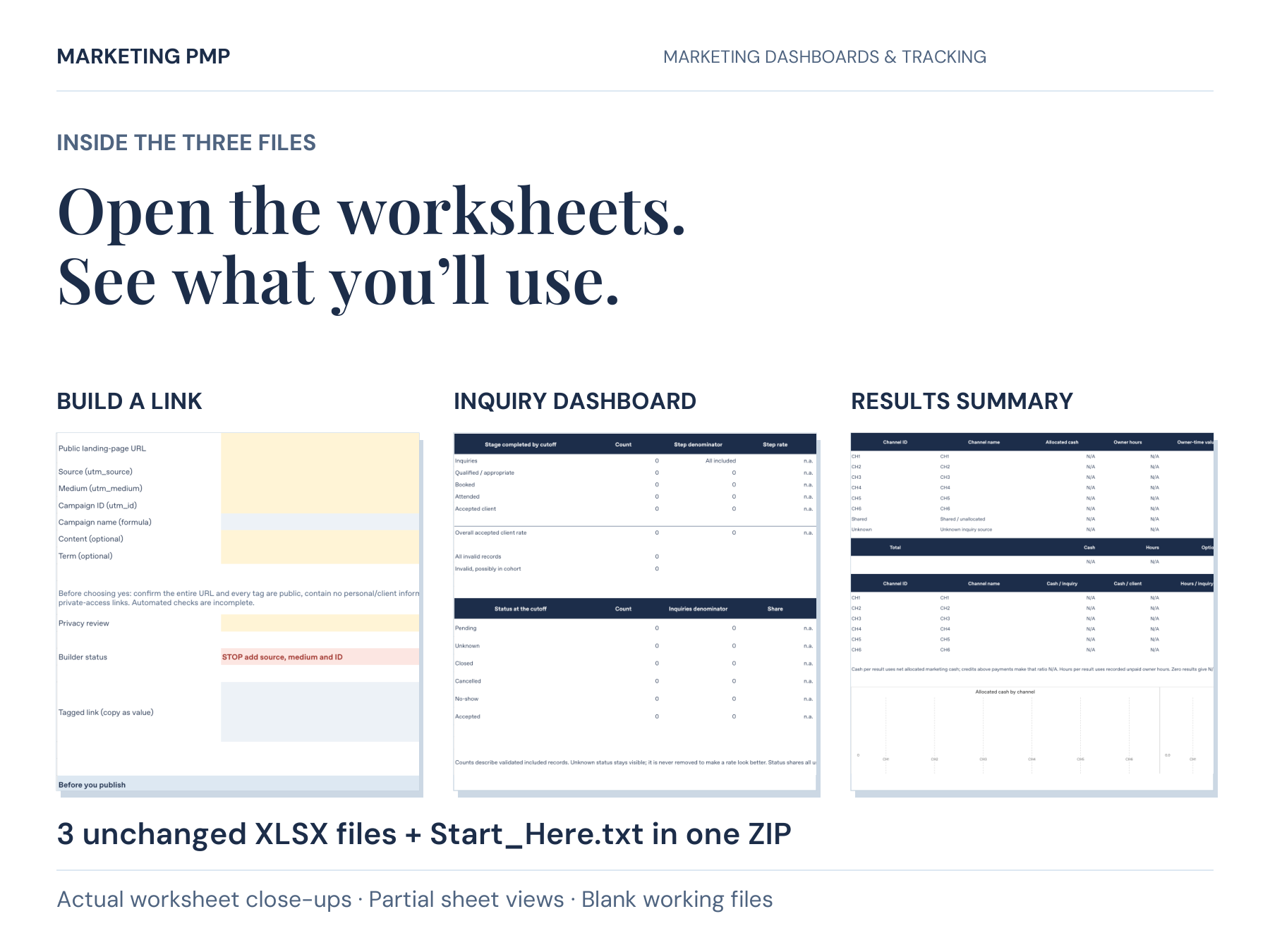 Actual partial worksheet views of Build a Link, Dashboard and Results Summary from the Coach Marketing Measurement Bundle. The ZIP includes three separate unchanged XLSX customer workbooks and a Start_Here.txt guide.