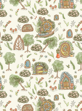 A hand illustrated pattern of botanical wildflower elements and different shaped fairy doors, flower bushes, and stained glass windows