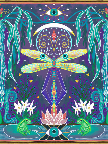 A decorative dragonfly hovering over a lilly pond with lotus flowers, violets, and frogs under a weaping willow with decorative elements all around including the evil eye, crystals, and the italian horn draping over the new moon 
