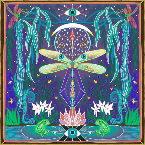 A decorative dragonfly hovering over a lilly pond with lotus flowers, violets, and frogs under a weaping willow with decorative elements all around including the evil eye, crystals, and the italian horn draping over the new moon 