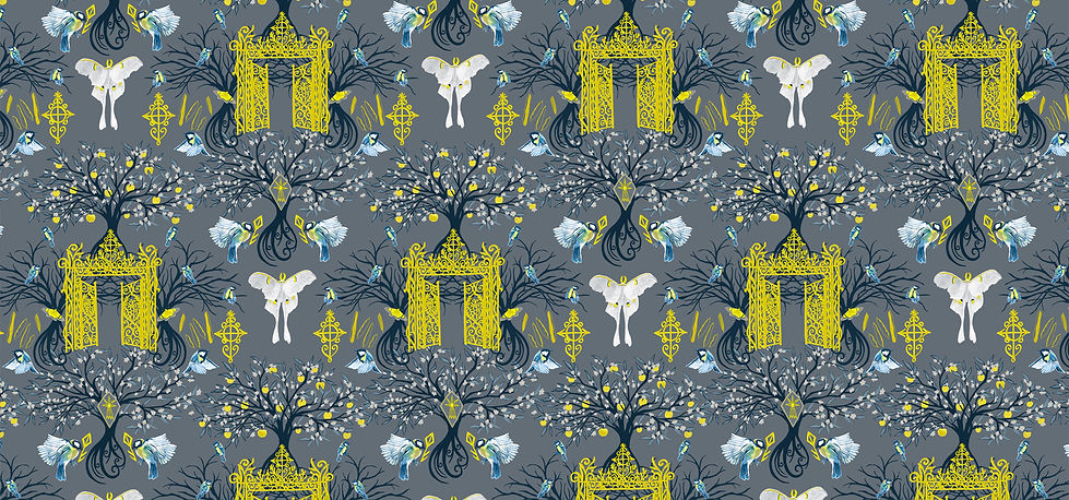 an illustrated repeated pattern featuring golden iron doorways with nordic symbolism of love and protection on it surrounded by different stages of blooming apple trees, luna moths, and titmouse birds holding golden keys.