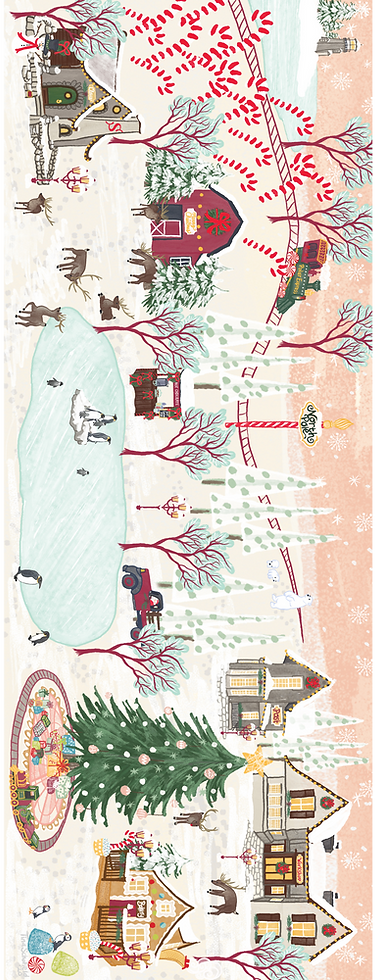 an illustrated scenic map of the North Pole depicting a lighthouse across a ice covered lake, a candy cane forest with the Polar Express running through it, the north pole surrounded by pines and polar bears, the post office, Santa's workshop, a very large christmas tree with presents and a train benieth, a gingerbread house with puffin birds playing around gumdrops, penguins ice skating on a lake with santa inside a truck near a hot cocoa stand sitting by the reindeer barn in Sata's cottage's back yard.