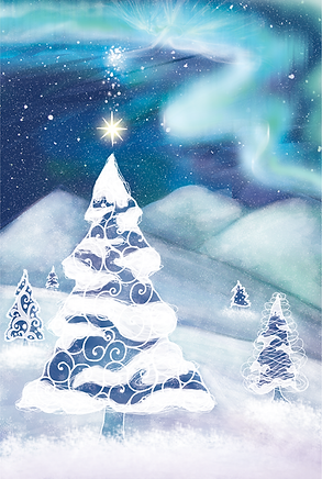 An angel creating the Christmas Star sprinkling it on top of a snowy tree in a snowy pine landscape with the aura borialis painting over the starry winter sky