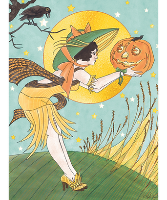 A 1920s caucasian brunette flapper girl dressed up fashionably to look like a scare crow while holding a smiling jack-o-lantern ina wheat field with a crow perched behind her on a spooky tree.