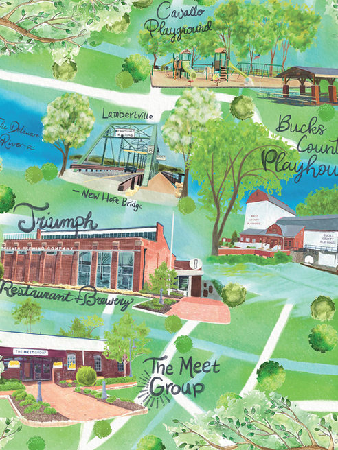 A digital watercolor illustrated map of locations from Lambertville, New Jersey and New Hope, PA including the Triumph Brewery, The Meet Group, The Bucks County Theatre, the New Hope Lambertville Bridge, and the Cavallo Playground. 
