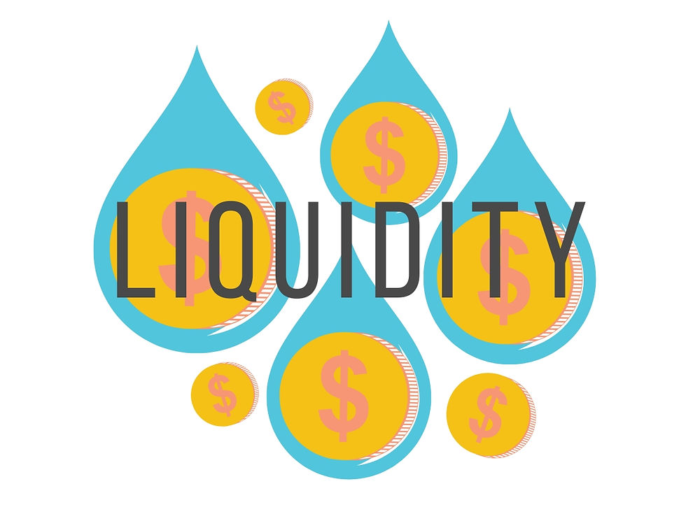 Blue droplets with yellow dollar coins form a backdrop for the word "LIQUIDITY" in bold, indicating financial flow or movement.