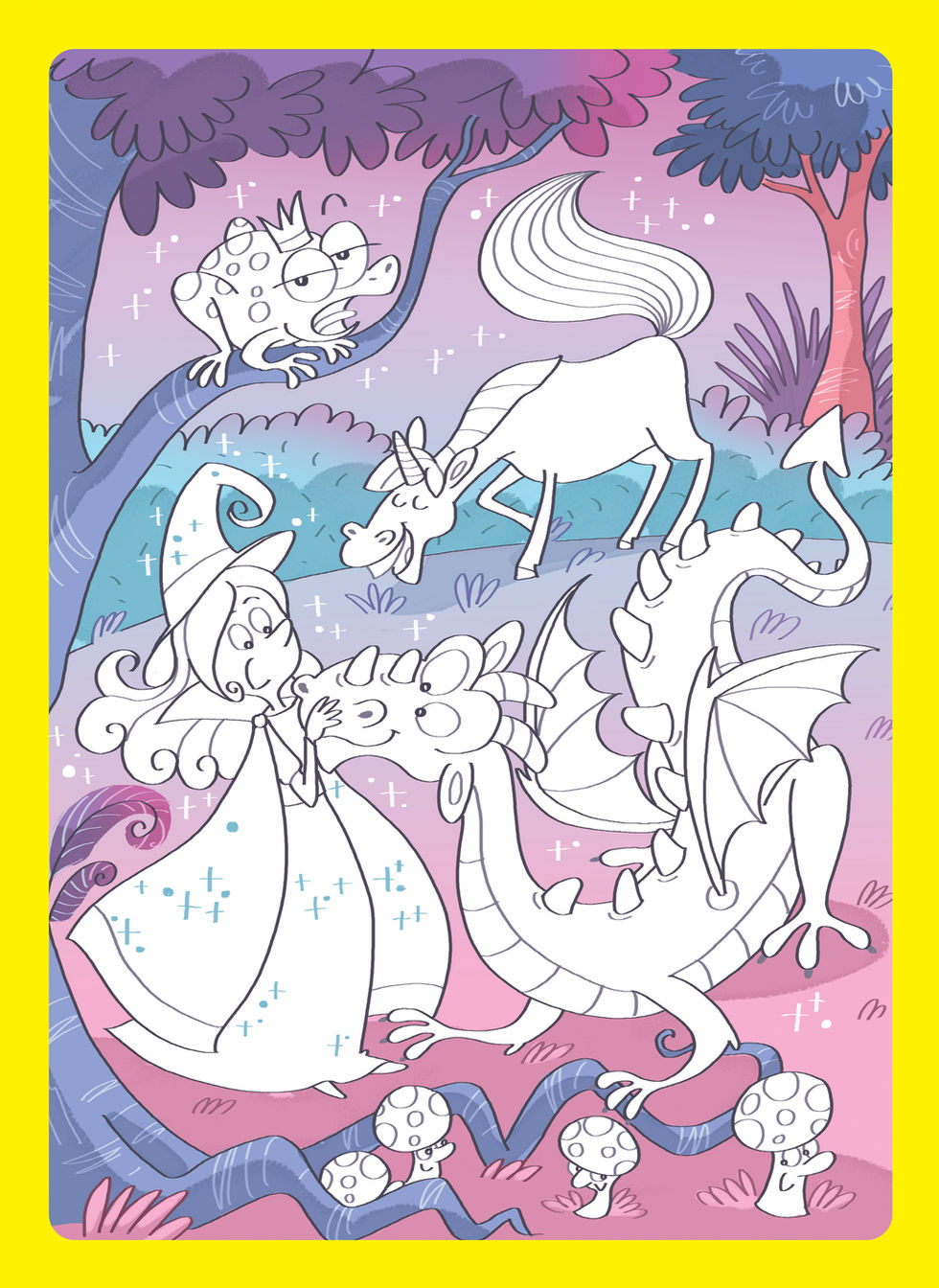 dans une forêt féerique, une gentille sorcière est entourée d'un dragon, d'une licorne et d'une grenouille portant une couronne