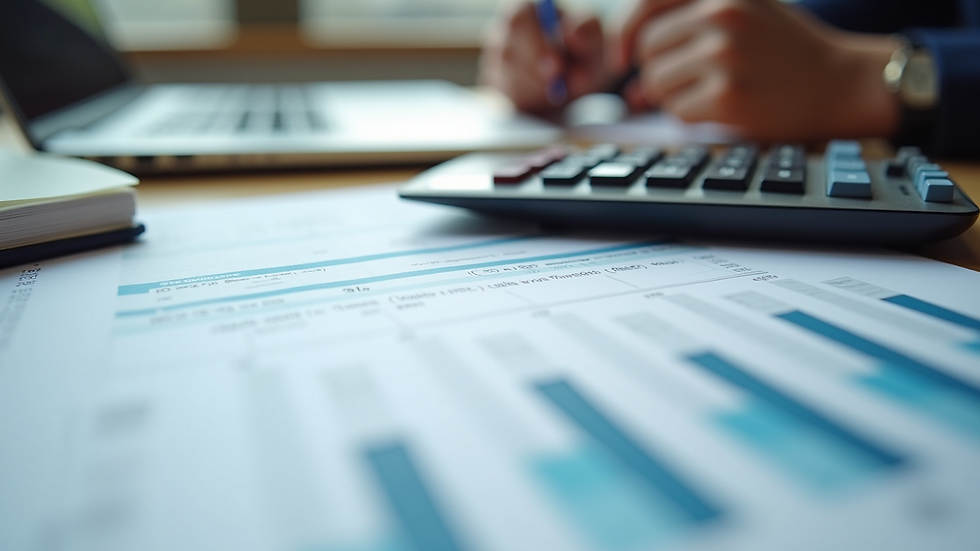 Close-up view of financial documents and calculator on a desk