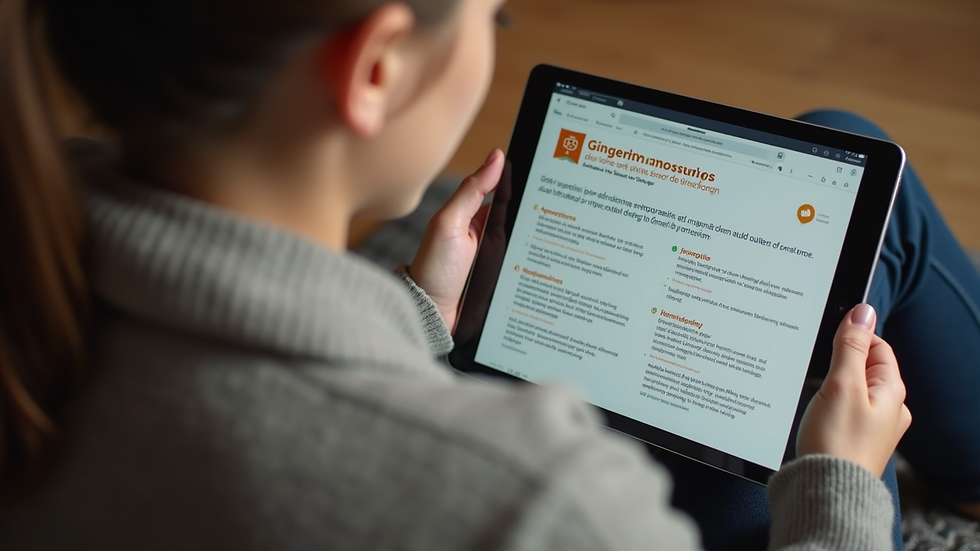 Close-up view of a person using a tablet with Gingernomics educational content