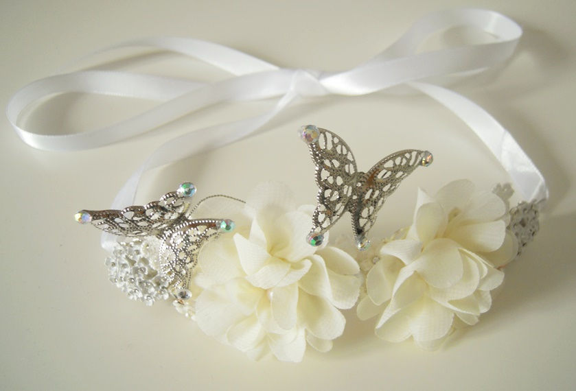 Thumbnail: Ivory Cliffon flowers Headband~Bridal and wedding