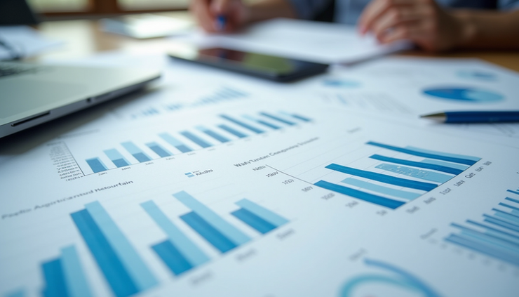 Eye-level view of a variety of investment charts and graphs on a desk