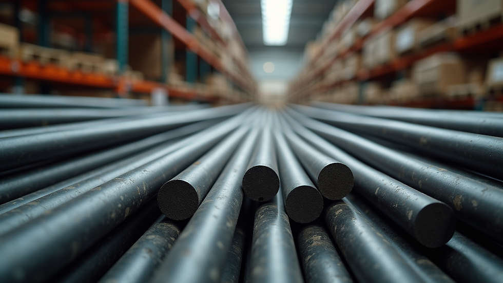 Eye-level view of steel rods stacked in a construction supply store