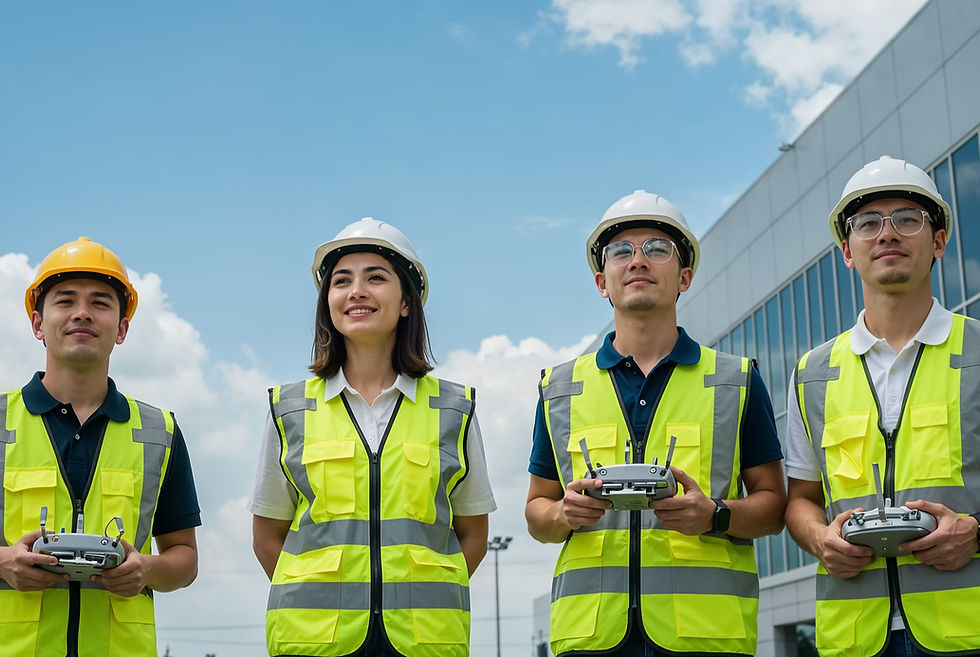 Commercial drone training participants conducting field flight operations