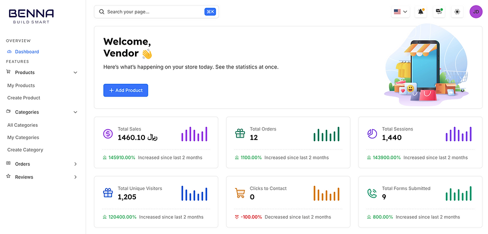 Marketplace vendor dashboard with products, orders and performance