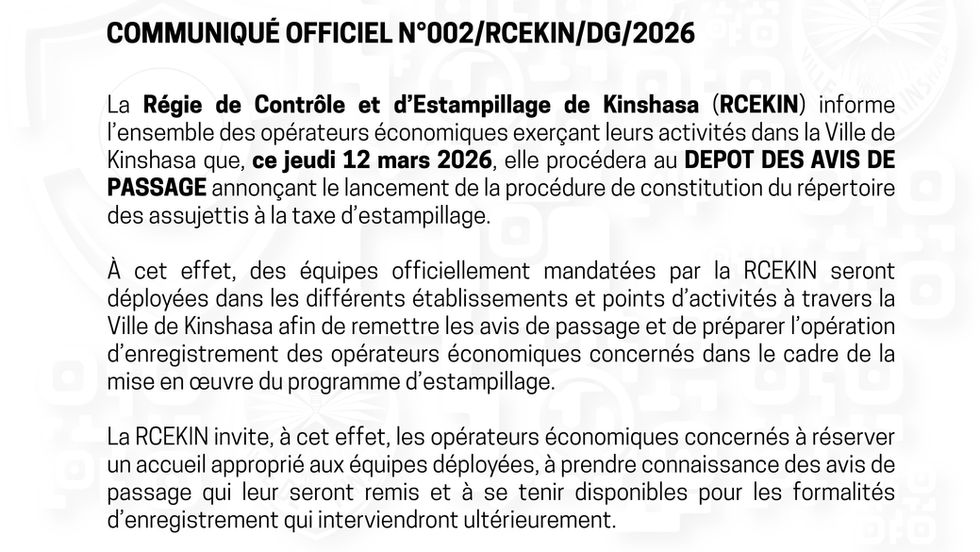 COMMUNIQUÉ OFFICIEL N°002/RCEKIN/DG/2026