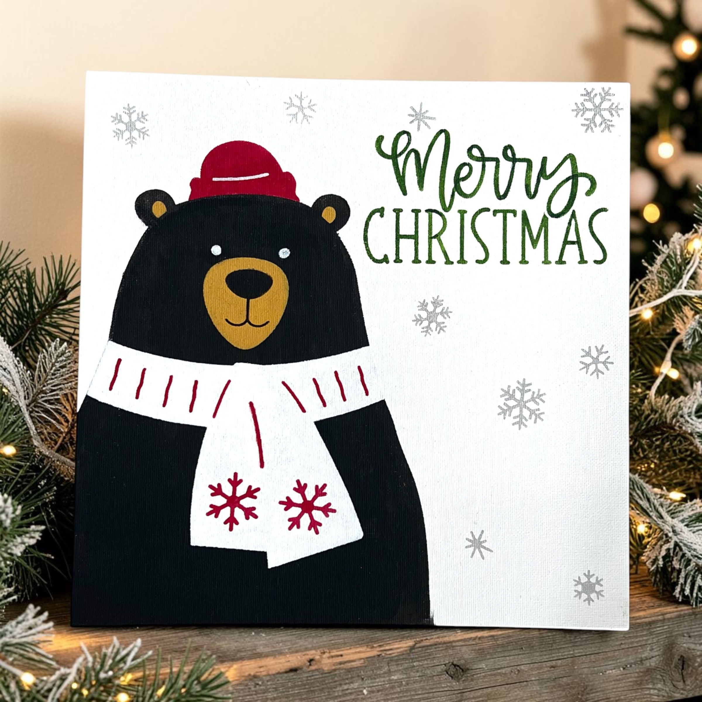 Merry Christmas Black Bear – Hand-Painted 10" x 10" Canvas