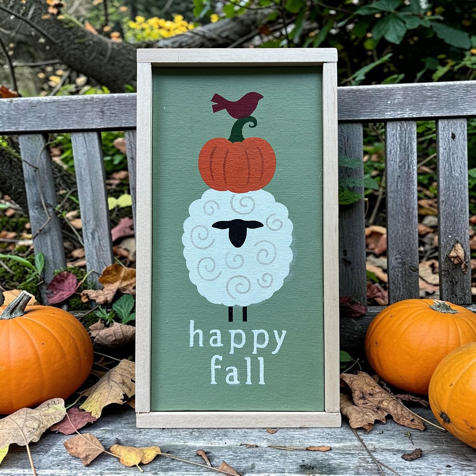 "Happy Fall" canvas in sage green with fluffy sheep in Primitive style