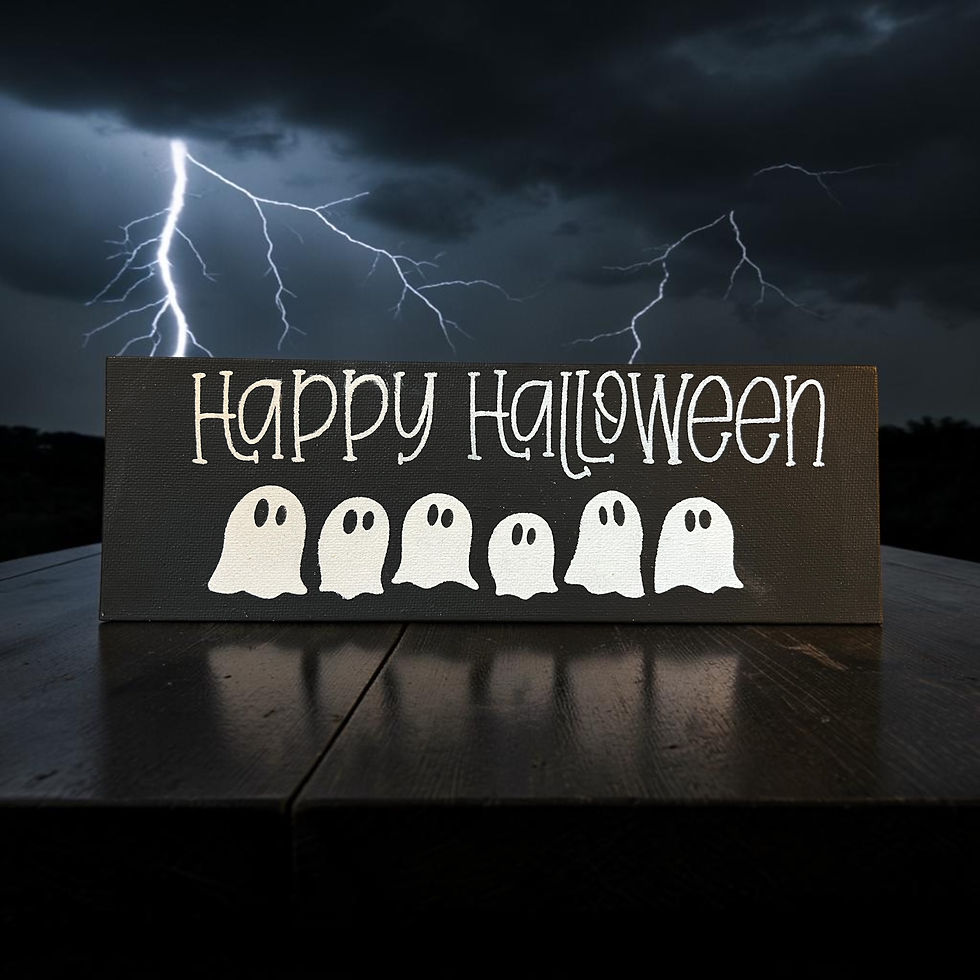 Mini ghosts, "happy halloween" in white on black canvas