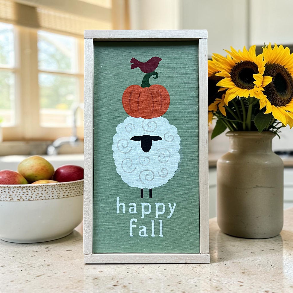 "Happy Fall" canvas in sage green with fluffy sheep in Primitive style