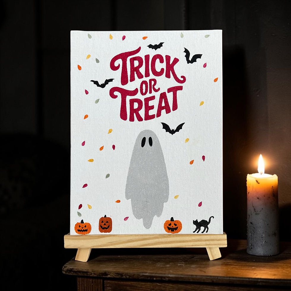 Ghost with small pumpkins, "Trick or Treat" on canvas