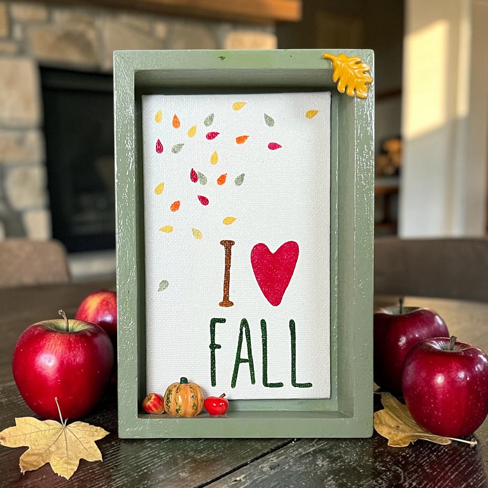 Framed canvas "I (heart) FALL" with small pumpkin and apple accent