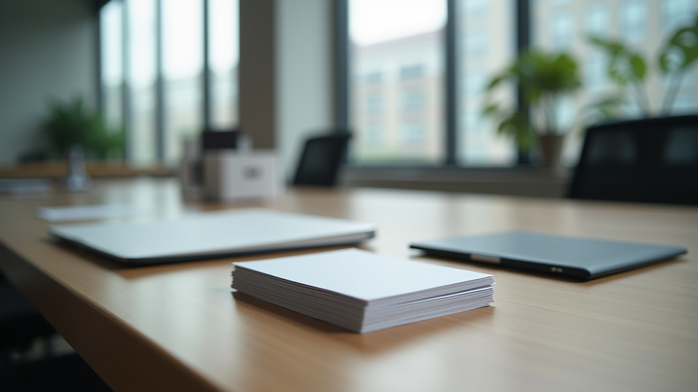 Eye-level view of a modern office desk with a stack of business cards